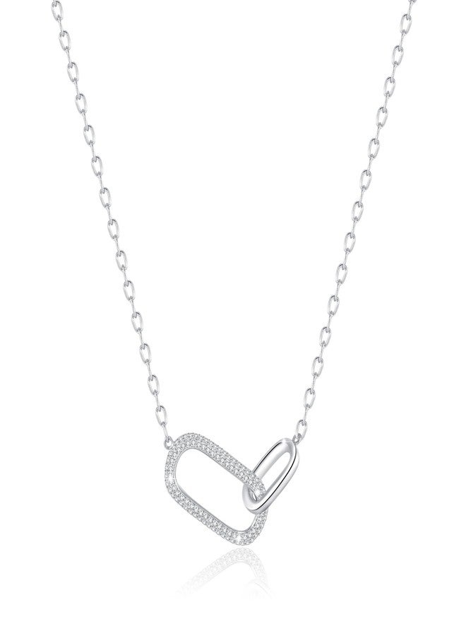 SUNFEEL 925 Sterling Silver Pendant Necklace for Women, Dainty Interlocking Paperclip Necklaces with Cubic Zirconia for Mom Wife Girlfriend Bridal Jewelry Gift for Prom Birthday Anniversary Party (Silver, 18+2'') - Image 1